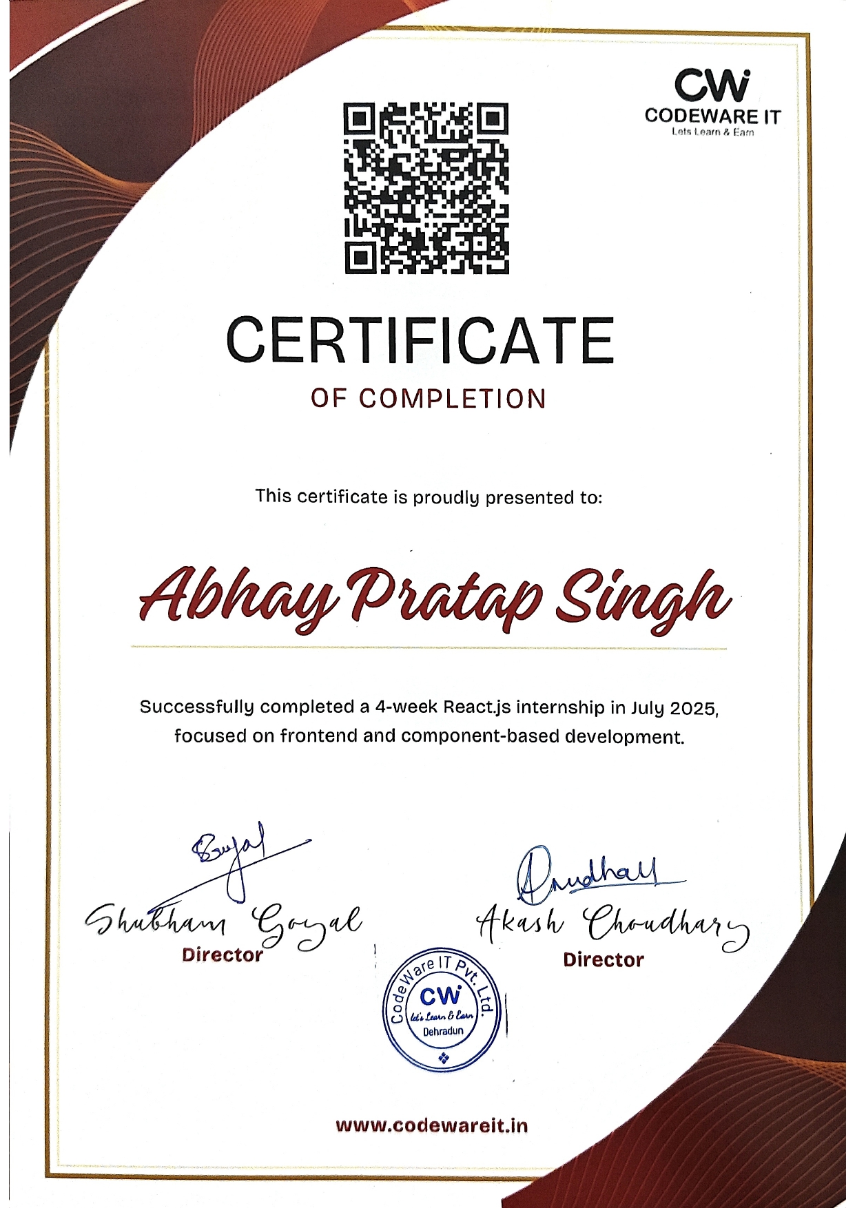 Abhay Pratap Singh's Certificate