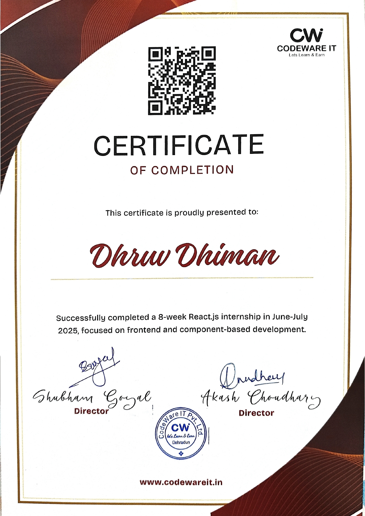 Dhruv Dhiman's Certificate