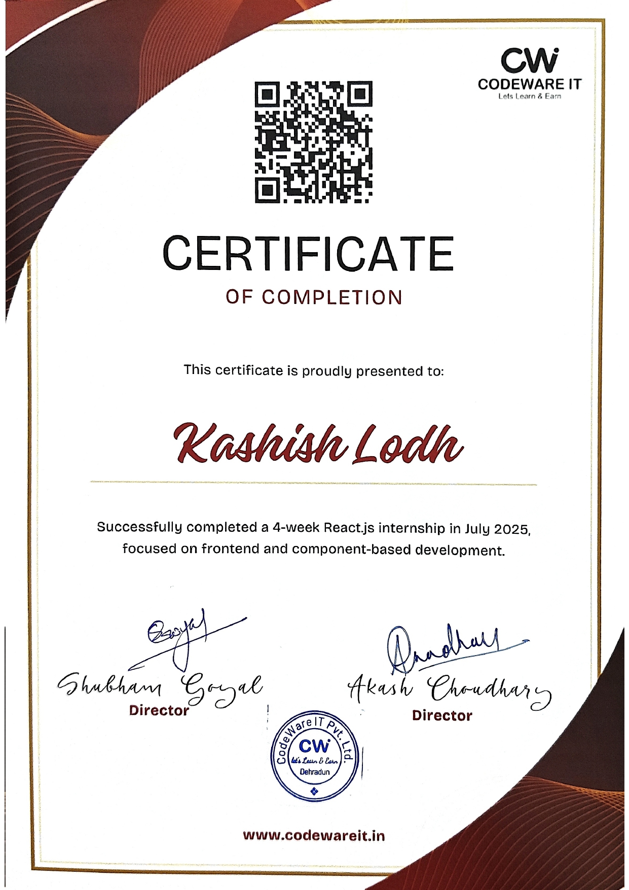 Kashish Lodh's Certificate