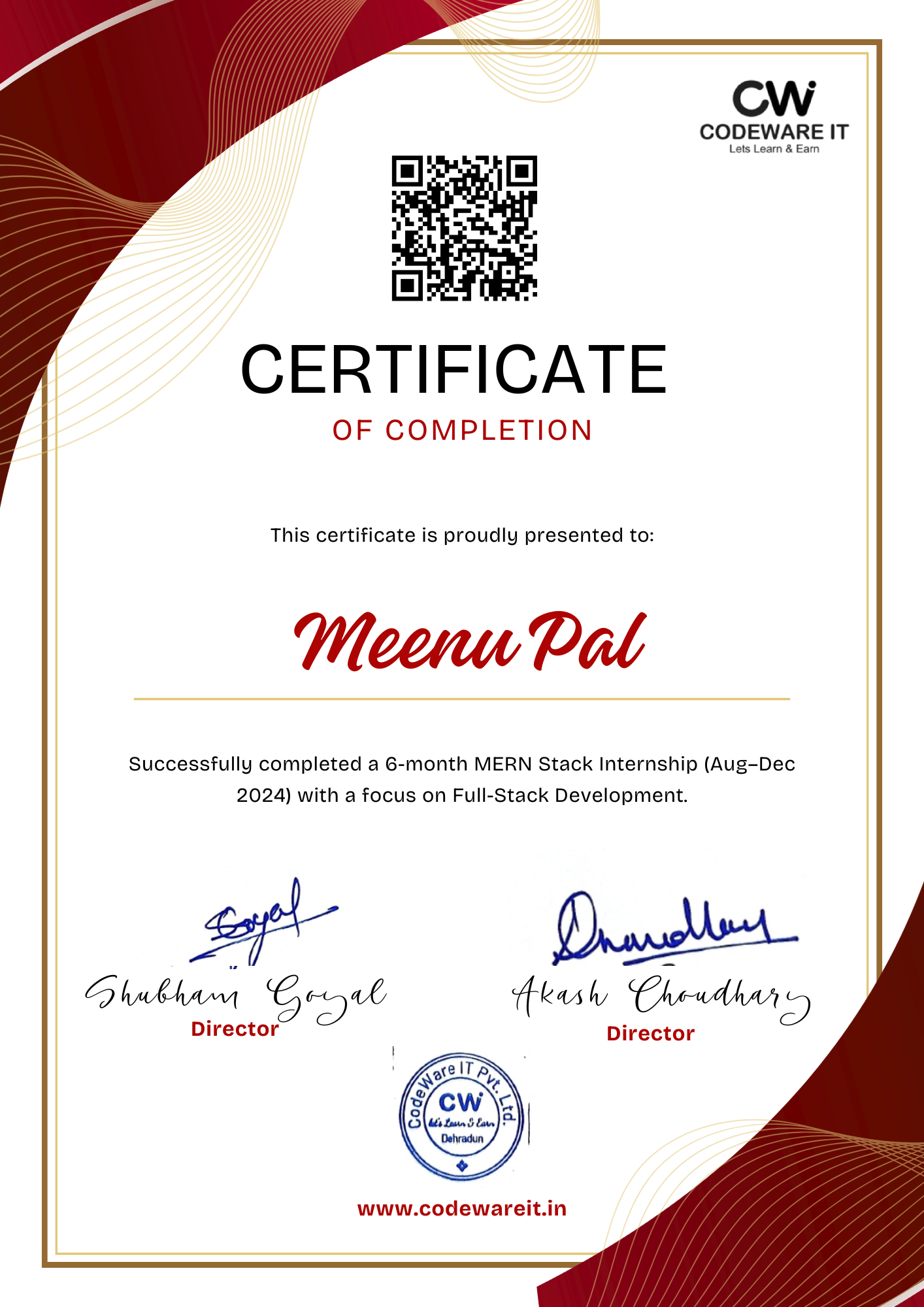 Meenupal's Certificate