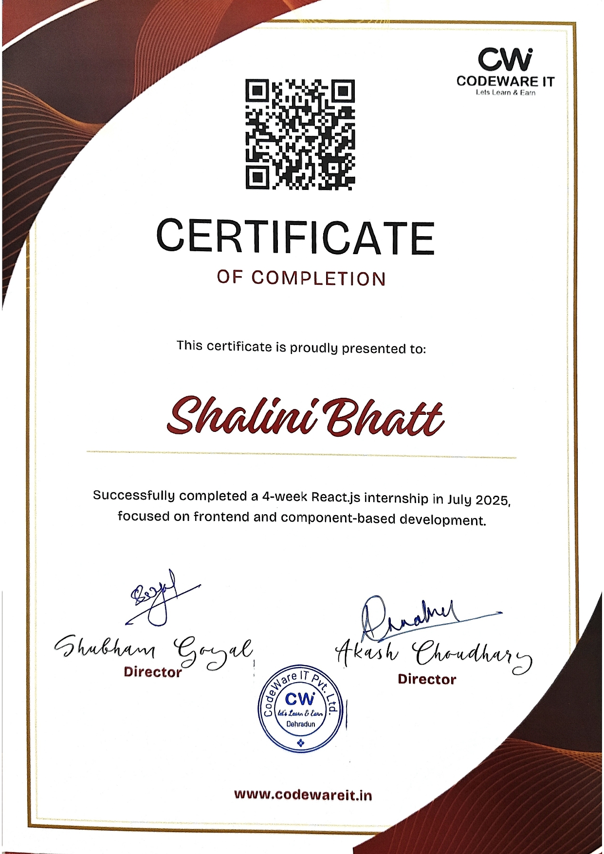 Shalini Bhatt 's Certificate