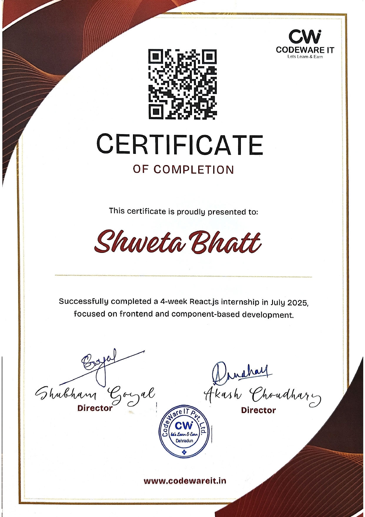 Shweta Bhatt 's Certificate