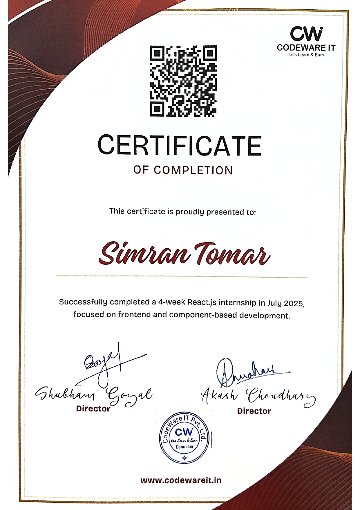 Simran Tomar's Certificate