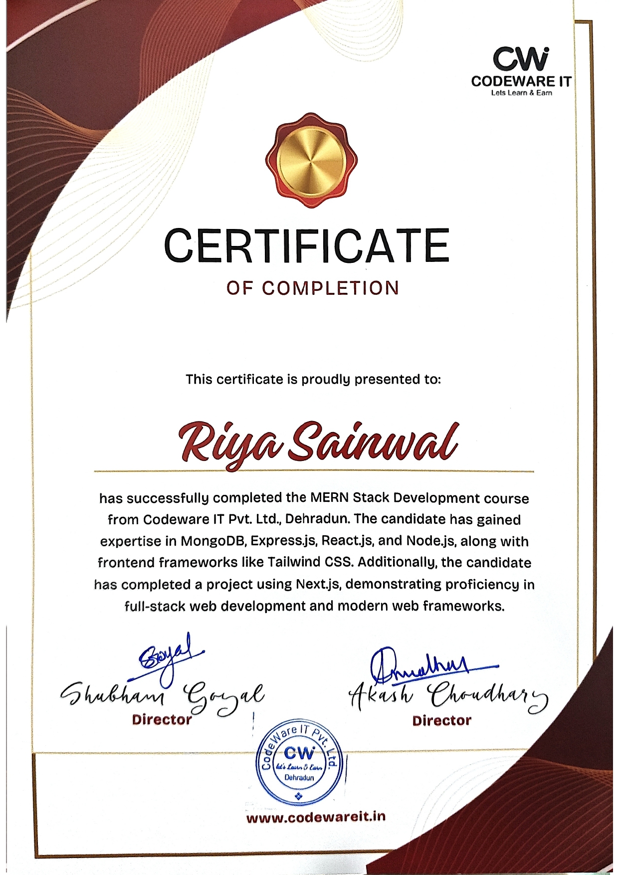 Riya Sainwal's Certificate